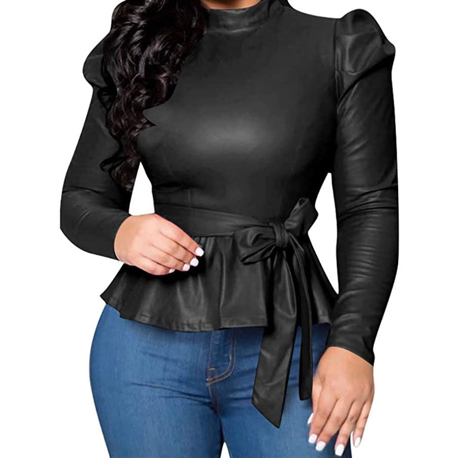 Vintage Peplum Belted Leather Top with Belt