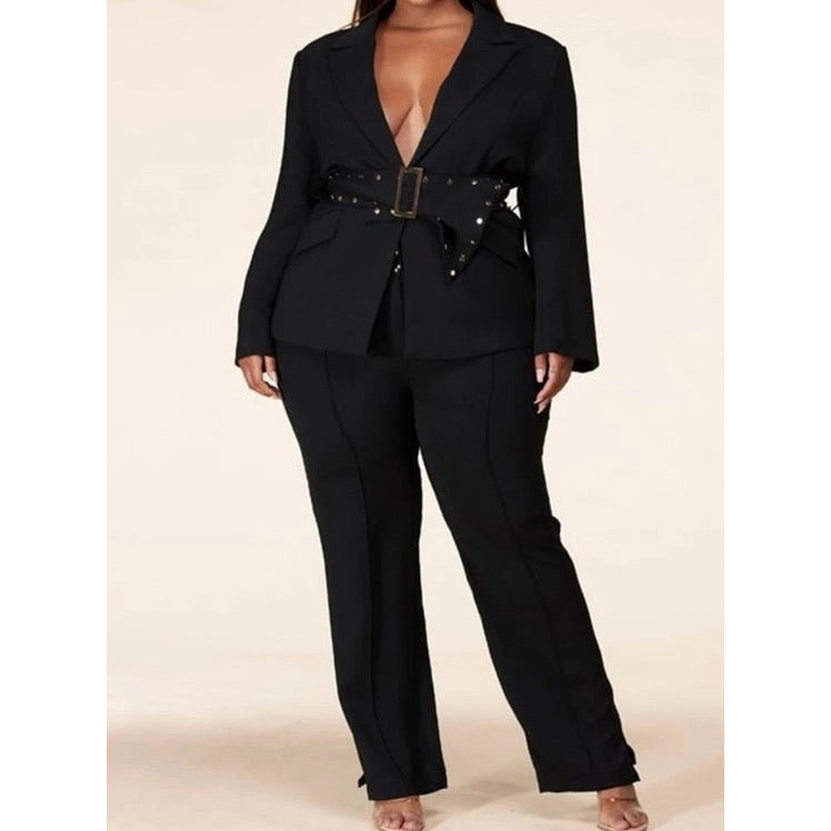 Blazer Pant Set with Gold Button Accent Belt